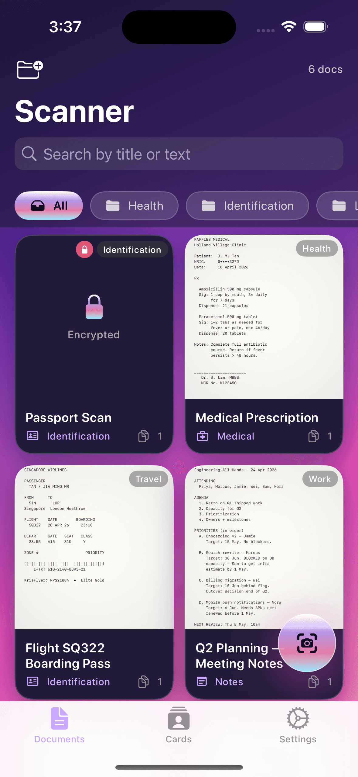 Vibe Scanner documents grid showing folders, an encrypted passport, prescriptions, contracts and meeting notes.