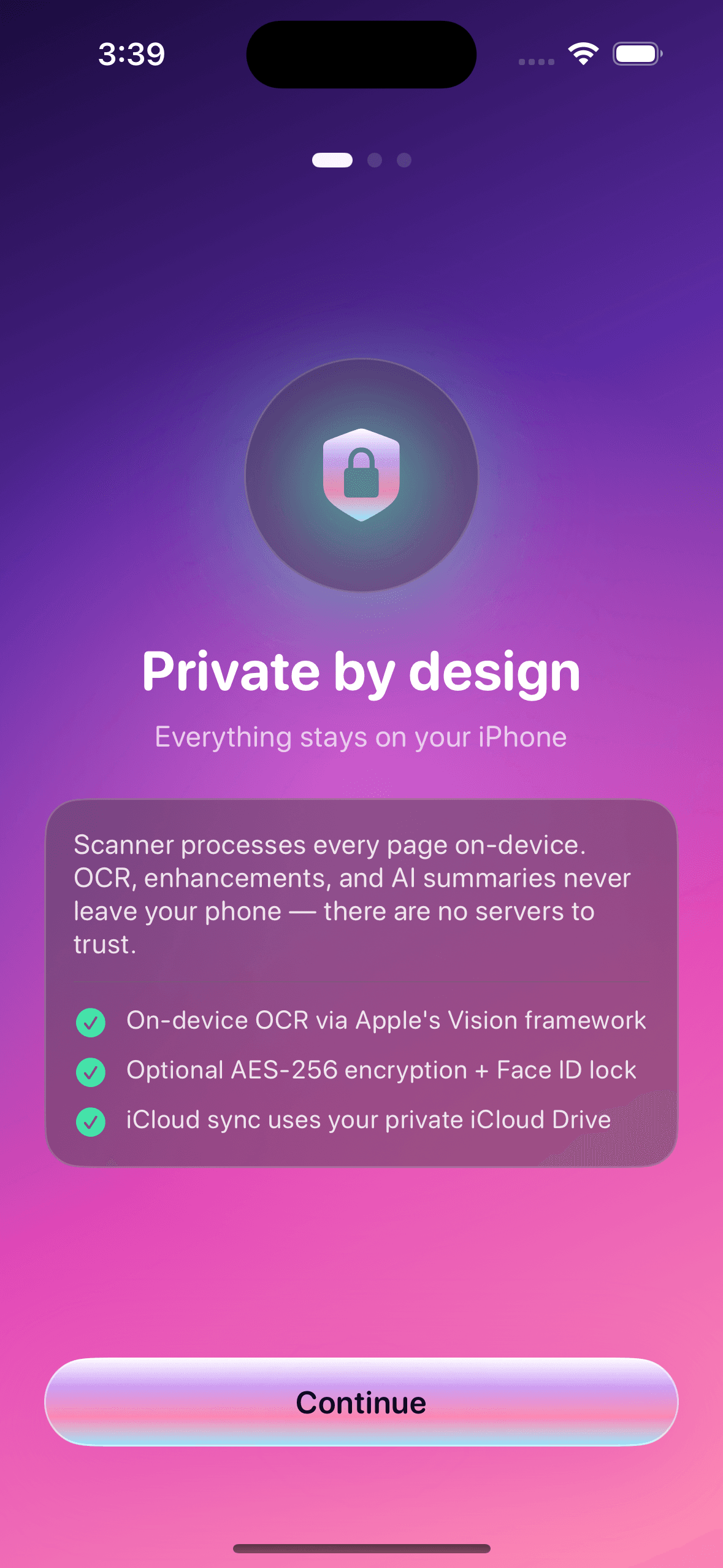 Onboarding screen titled Private by design — everything stays on your iPhone.