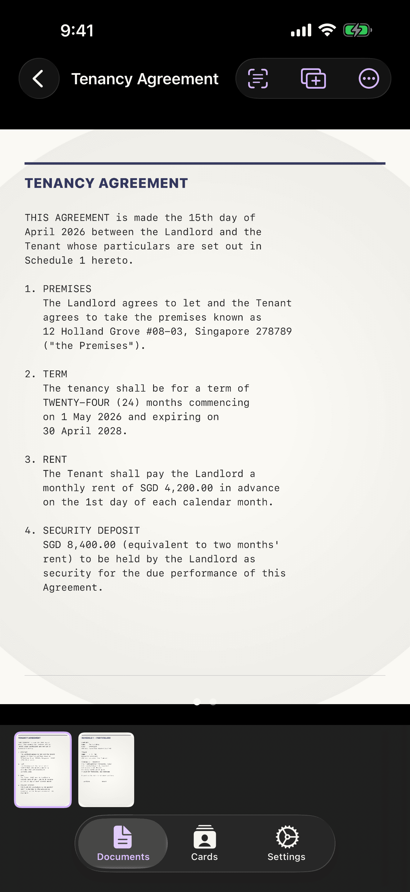 A scanned tenancy agreement showing crisp, OCR-extracted text inline with the page.