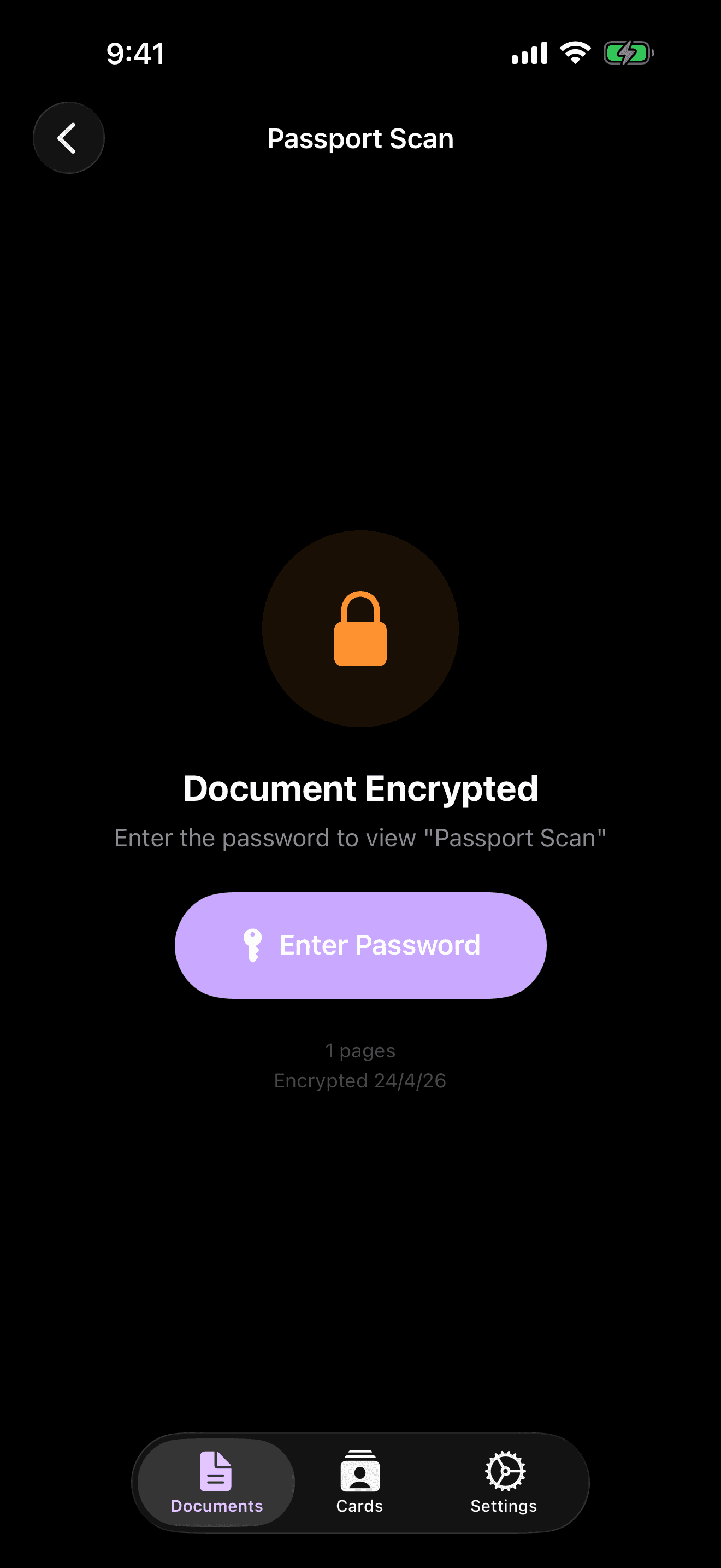 Encrypted document gate prompting for the password before viewing a passport scan.