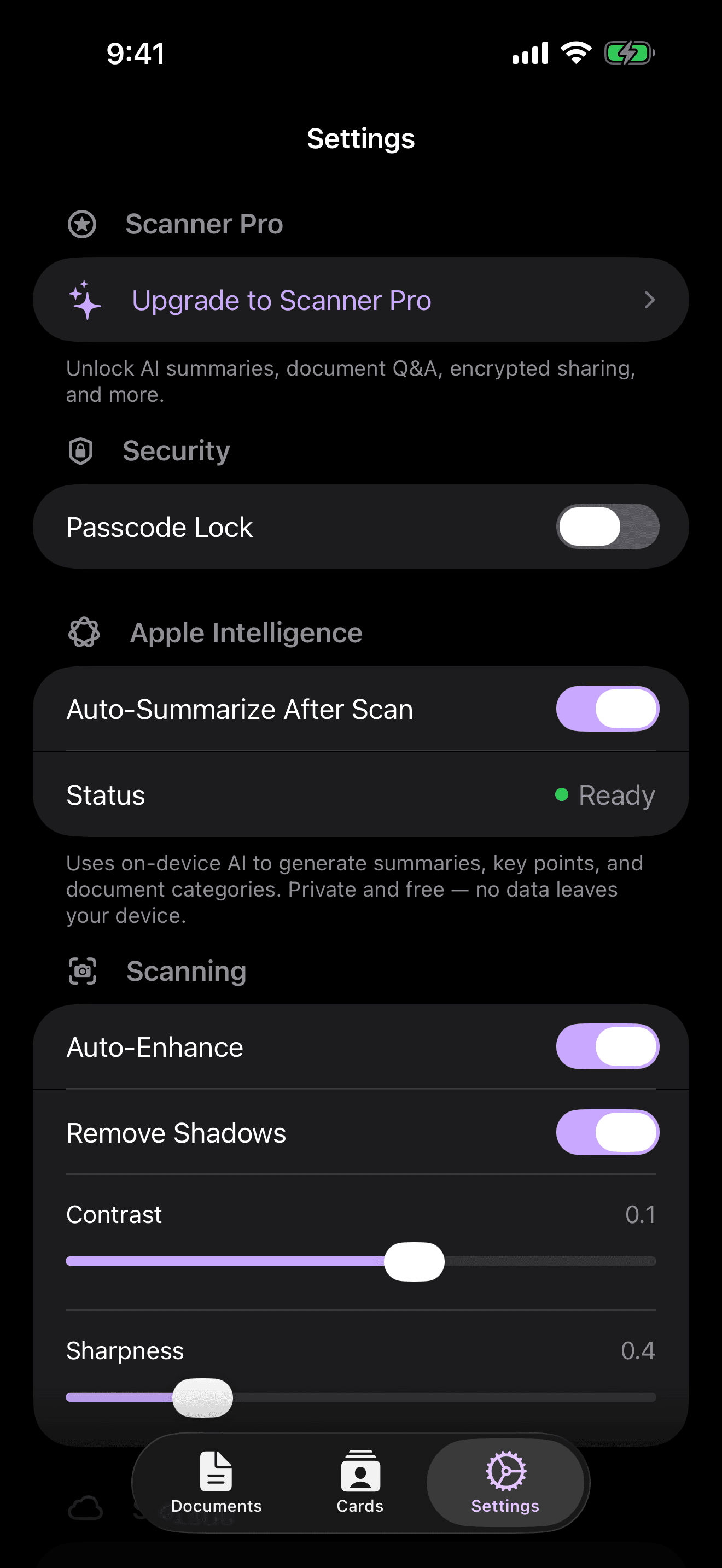 Vibe Scanner screenshot — Auto-summarize, passcode lock, scan enhancement — all in one place.