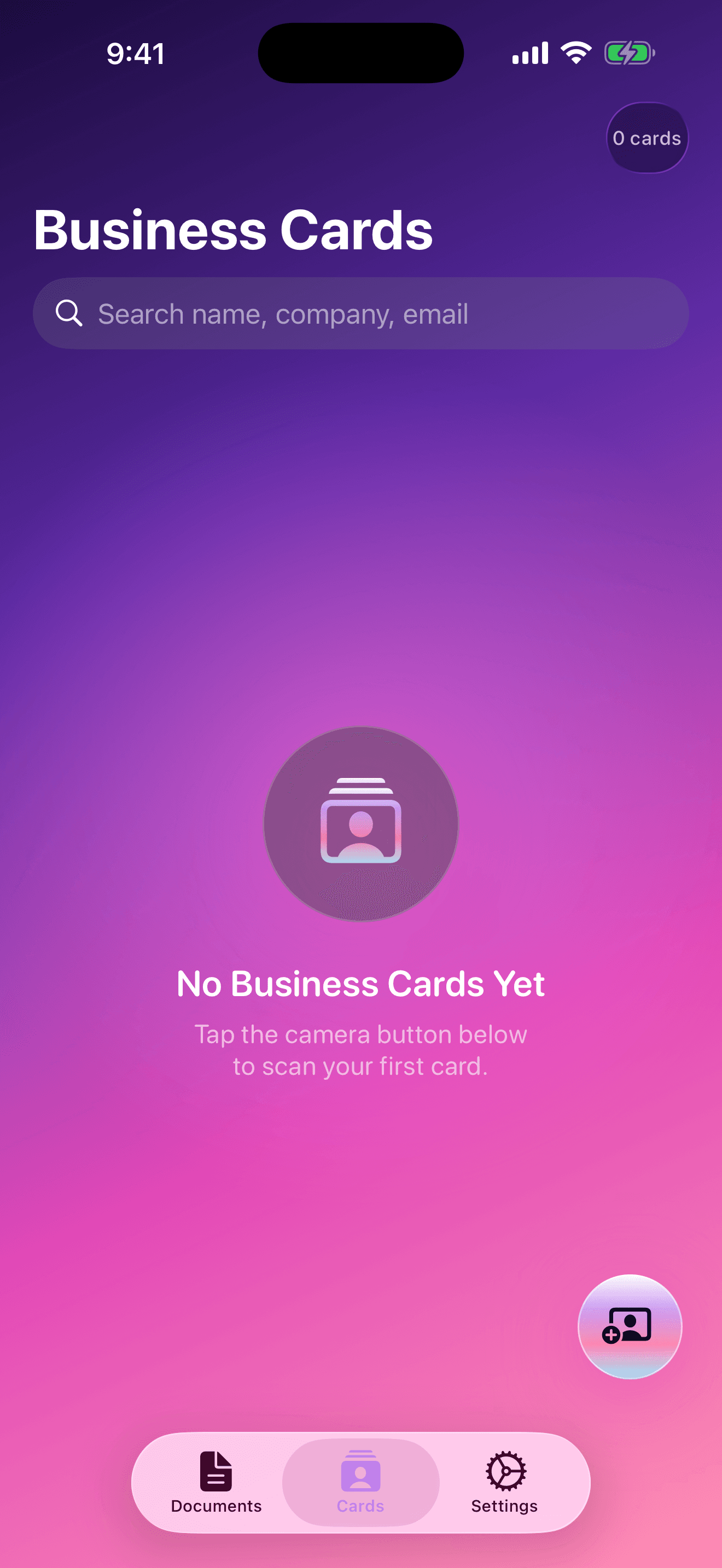 Vibe Scanner screenshot — Capture a card, save it as a contact — vCard fields filled in automatically.
