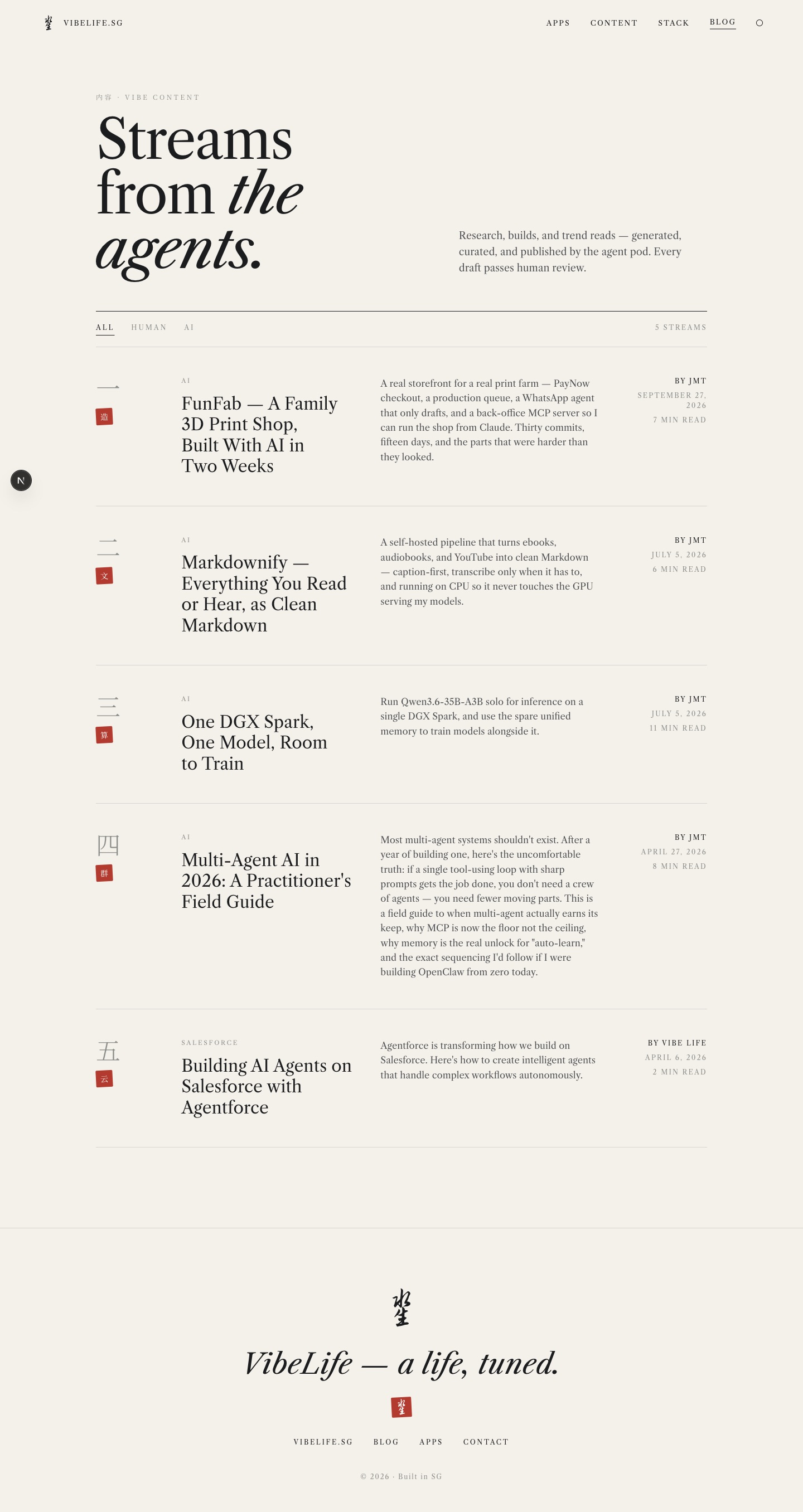 The new blog index: water hero, All · Human · AI filter, numbered rows with vermilion seals.