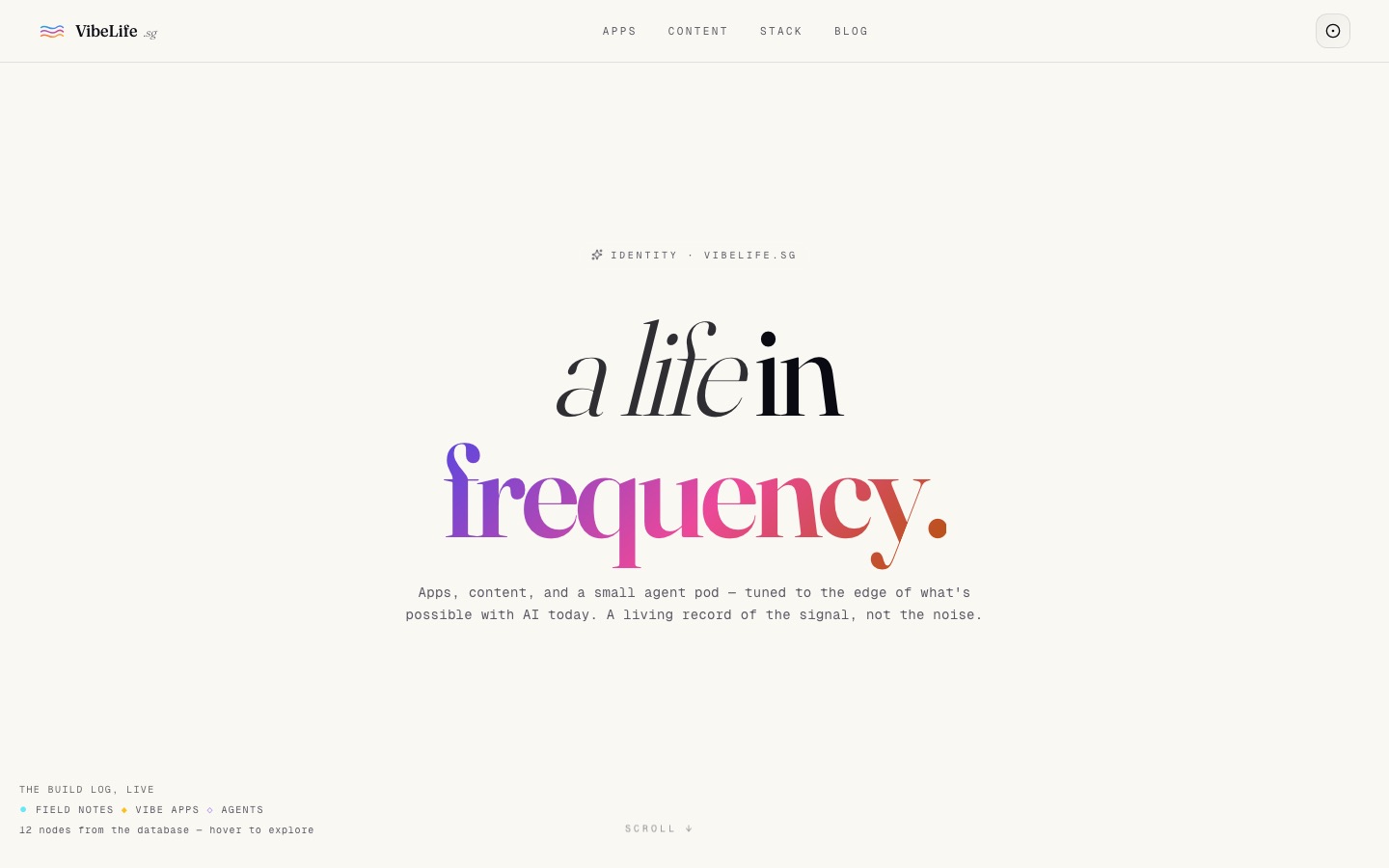 The old home page: gradient "frequency." headline, monospace subline and 3D constellation legend.